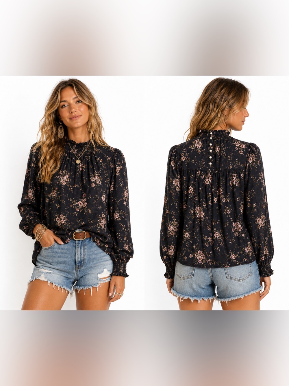 William Rast Black Floral Blouse Large Smockedโ Mock Neck Boho Cottagecore Top